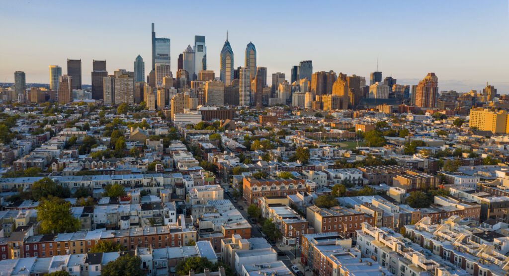 Aerial view of Philadelphia skyline from the west.